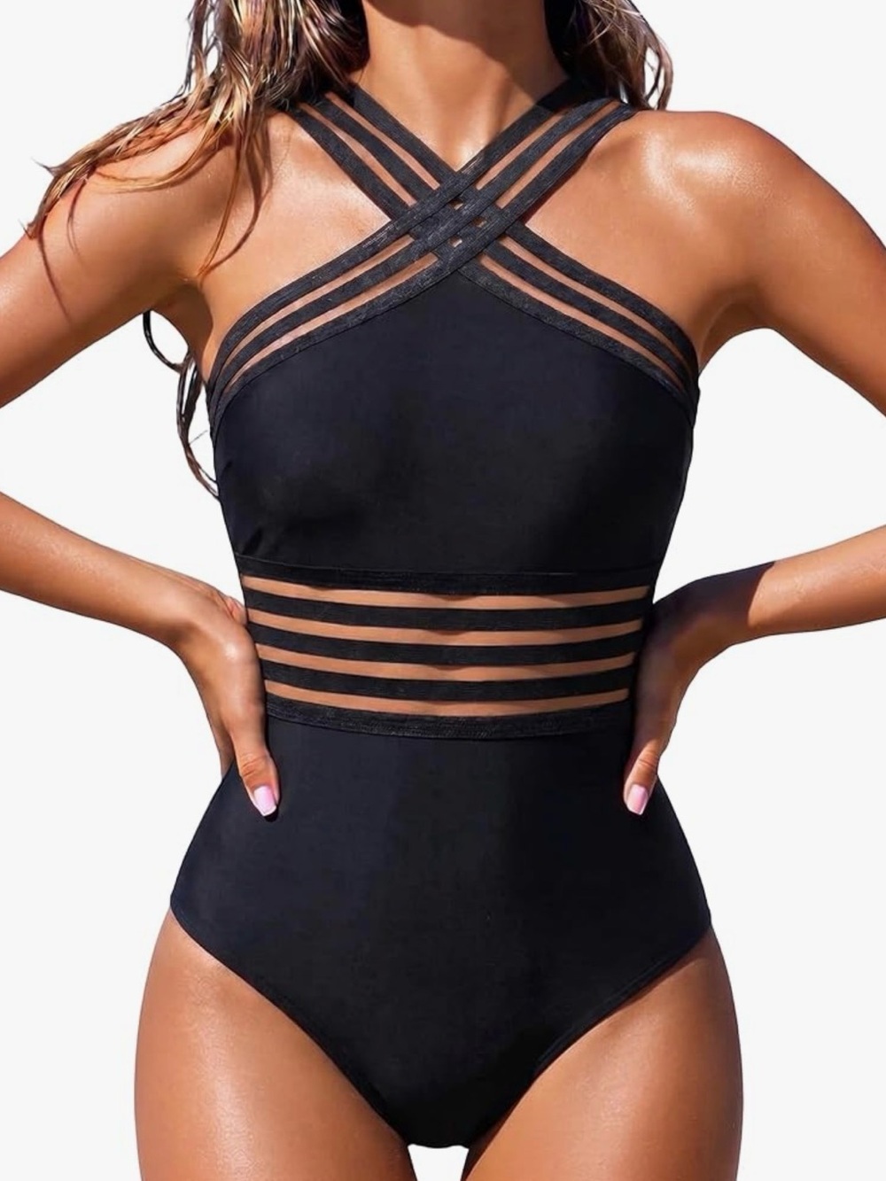 Women's Strappy High-Neck Black One-Piece Swimsuit